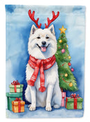 American Eskimo Christmas Garden Flag – Dog in Reindeer Antlers with Tree & Gifts