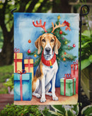 American Foxhound Christmas Garden Flag – Dog in Reindeer Antlers with Tree & Gifts