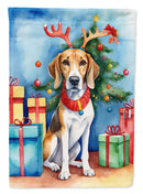 American Foxhound Christmas Garden Flag – Dog in Reindeer Antlers with Tree & Gifts