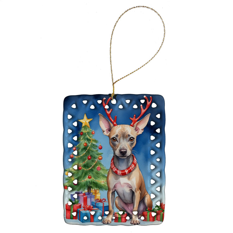 American Hairless Terrier Christmas Reindeer Porcelain Ornament