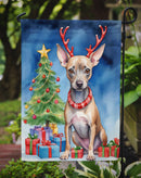 American Hairless Terrier Christmas Garden Flag – Dog in Reindeer Antlers with Tree & Gifts
