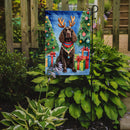 American Water Spaniel Christmas Garden Flag – Dog in Reindeer Antlers with Tree & Gifts