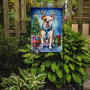 American Bulldog Christmas Garden Flag – Dog in Reindeer Antlers with Tree & Gifts