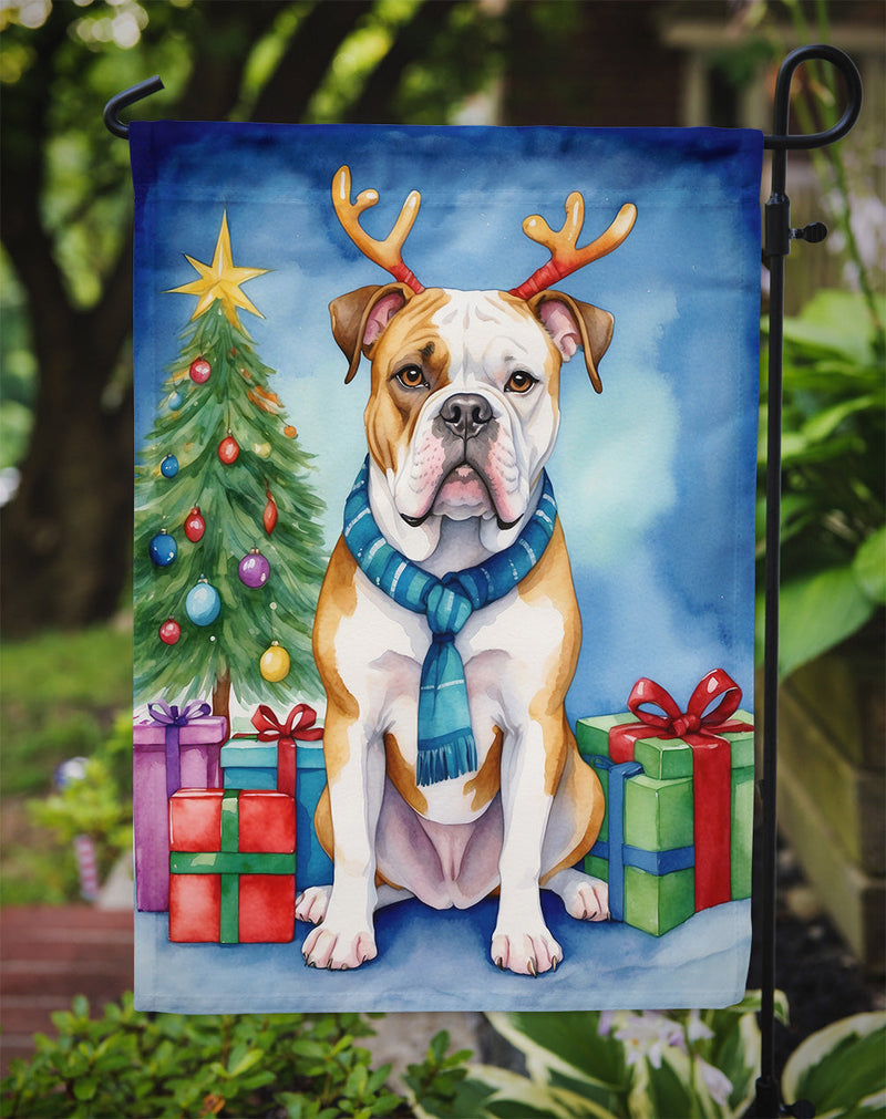 American Bulldog Christmas Garden Flag – Dog in Reindeer Antlers with Tree & Gifts