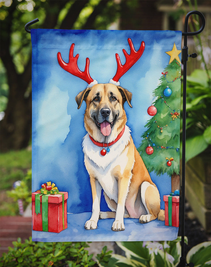 Anatolian Shepherd Dog Christmas Garden Flag – Dog in Reindeer Antlers with Tree & Gifts