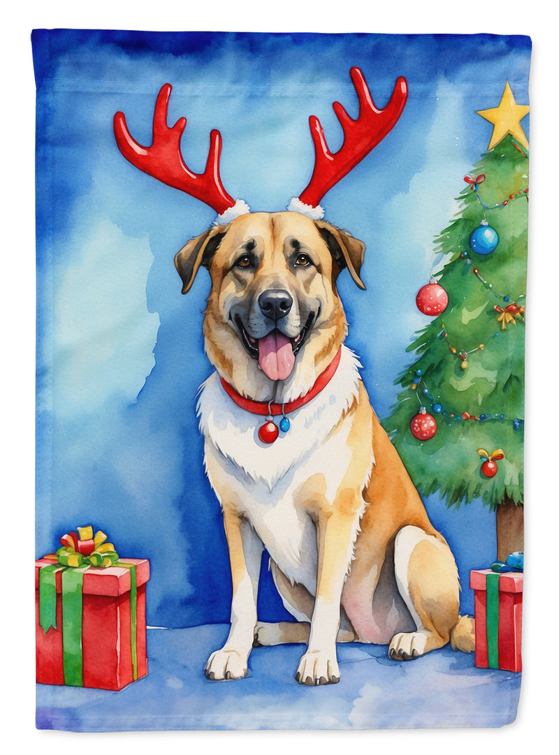 Anatolian Shepherd Dog Christmas Garden Flag – Dog in Reindeer Antlers with Tree & Gifts