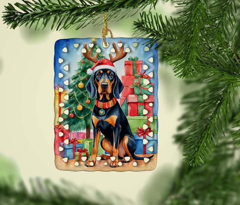 Black and Tan Coonhound Christmas Reindeer Porcelain Ornament