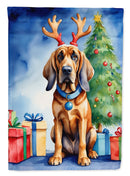 Bloodhound Christmas Garden Flag – Dog in Reindeer Antlers with Tree & Gifts