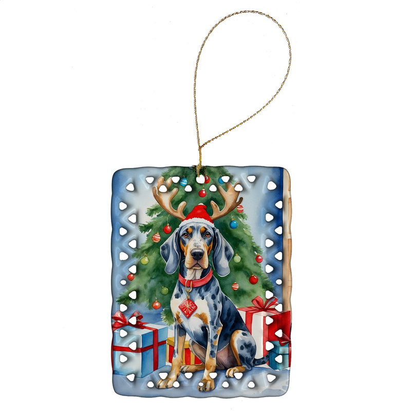 Bluetick Coonhound Christmas Reindeer Porcelain Ornament