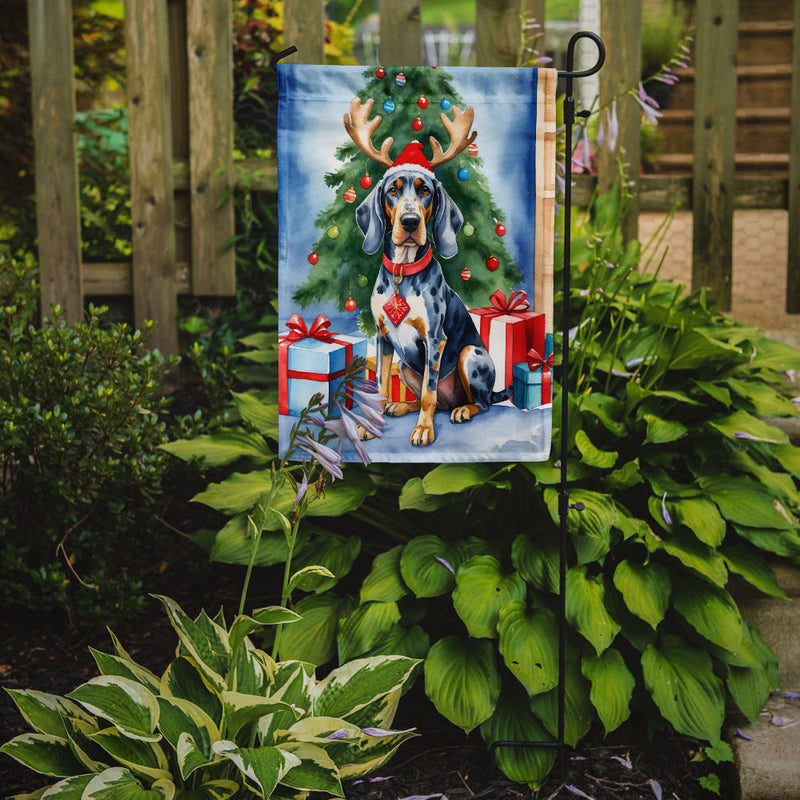 Bluetick Coonhound Christmas Garden Flag – Dog in Reindeer Antlers with Tree & Gifts