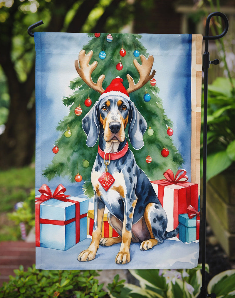 Bluetick Coonhound Christmas Garden Flag – Dog in Reindeer Antlers with Tree & Gifts