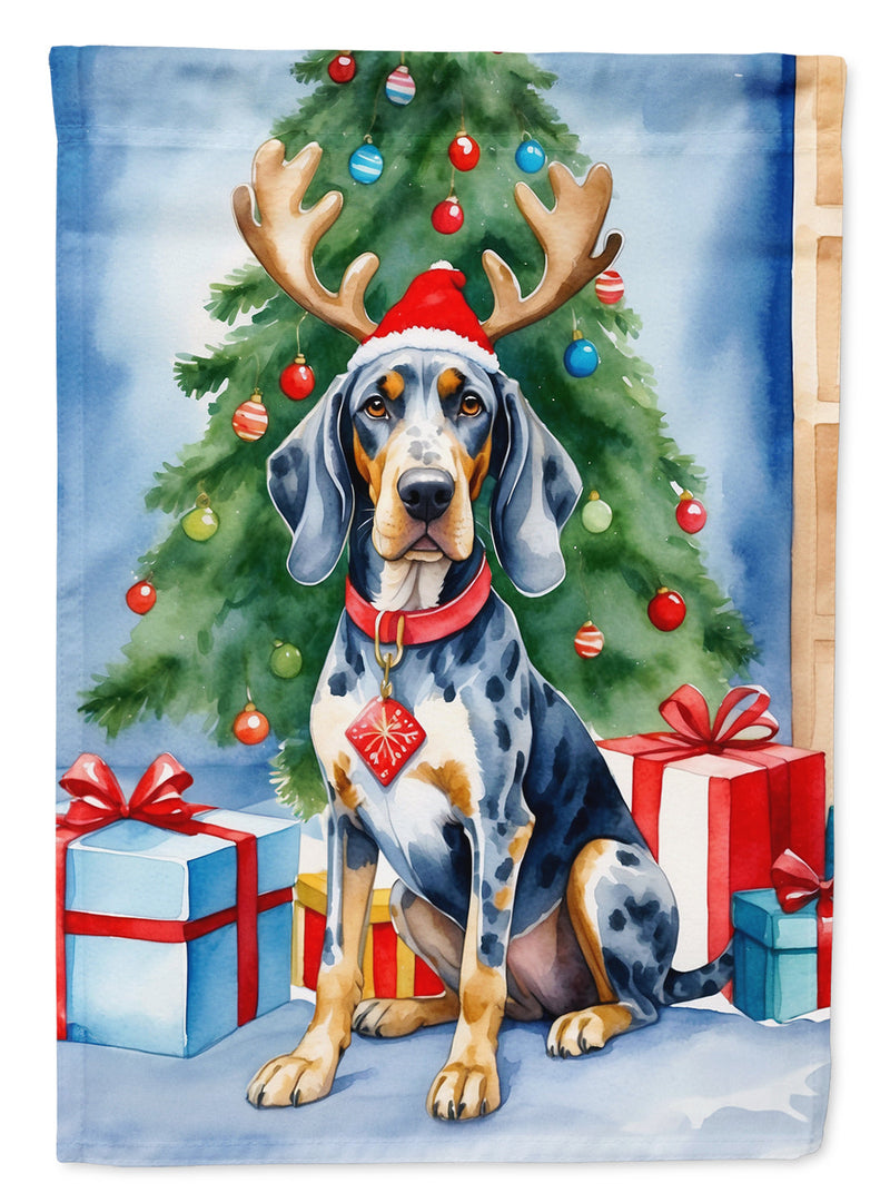 Bluetick Coonhound Christmas Garden Flag – Dog in Reindeer Antlers with Tree & Gifts