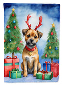 Border Terrier Christmas Garden Flag – Dog in Reindeer Antlers with Tree & Gifts