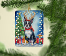 Boston Terrier Christmas Reindeer Porcelain Ornament