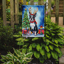 Boston Terrier Christmas Garden Flag – Dog in Reindeer Antlers with Tree & Gifts