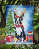 Boston Terrier Christmas Garden Flag – Dog in Reindeer Antlers with Tree & Gifts