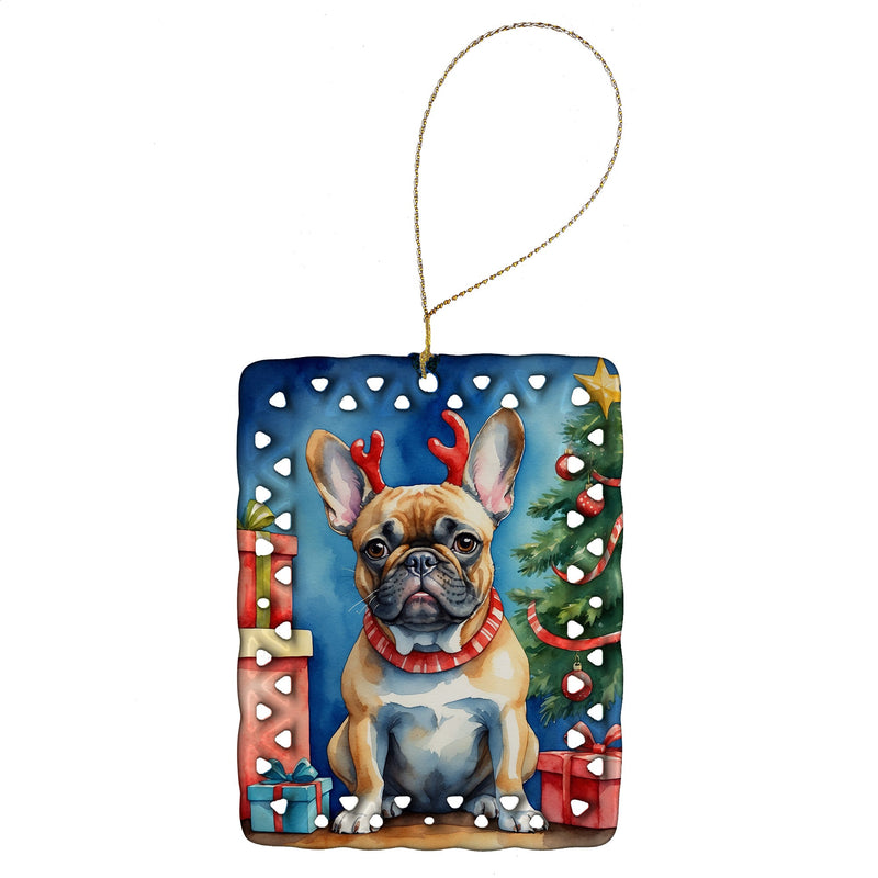 French Bulldog Christmas Reindeer Porcelain Ornament