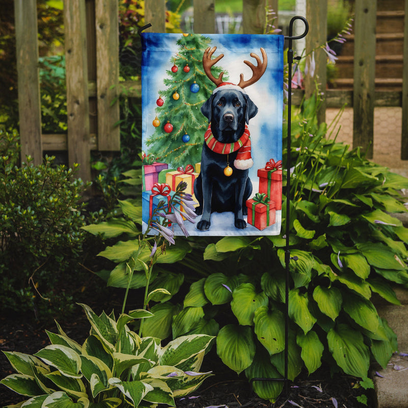 Black Labrador Retriever Christmas Garden Flag – Dog in Reindeer Antlers with Tree & Gifts