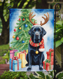 Black Labrador Retriever Christmas Garden Flag – Dog in Reindeer Antlers with Tree & Gifts