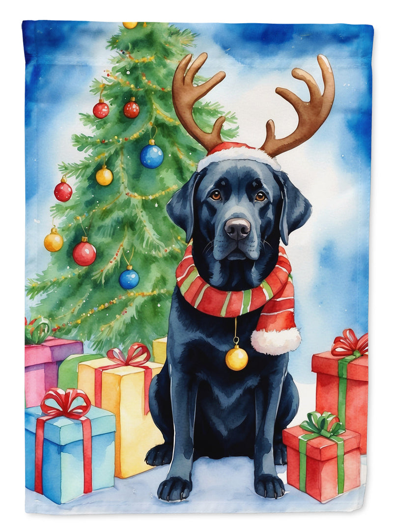 Black Labrador Retriever Christmas Garden Flag – Dog in Reindeer Antlers with Tree & Gifts