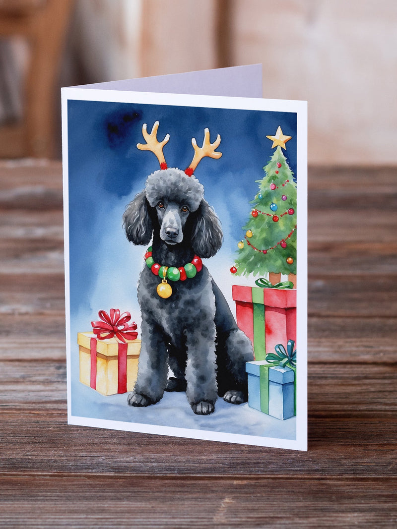 Black Standard Poodle Christmas Reindeer Greeting Cards - Blank Note Cards – 8-Pack of Artist-Designed Cards with Envelopes