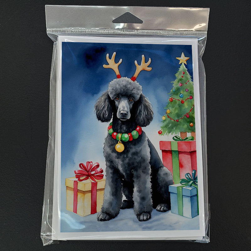 Black Standard Poodle Christmas Reindeer Greeting Cards - Blank Note Cards – 8-Pack of Artist-Designed Cards with Envelopes