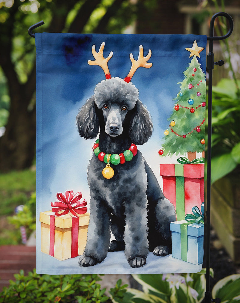 Black Standard Poodle Christmas Garden Flag – Dog in Reindeer Antlers with Tree & Gifts