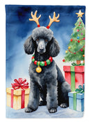 Black Standard Poodle Christmas Garden Flag – Dog in Reindeer Antlers with Tree & Gifts