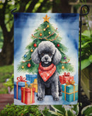 Black Toy Poodle Christmas Garden Flag – Dog in Reindeer Antlers with Tree & Gifts