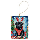 Black Pug Christmas Reindeer Porcelain Ornament