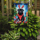 Black Pug Christmas Garden Flag – Dog in Reindeer Antlers with Tree & Gifts