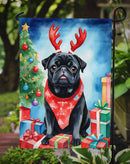 Black Pug Christmas Garden Flag – Dog in Reindeer Antlers with Tree & Gifts