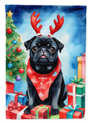 Black Pug Christmas Garden Flag – Dog in Reindeer Antlers with Tree & Gifts