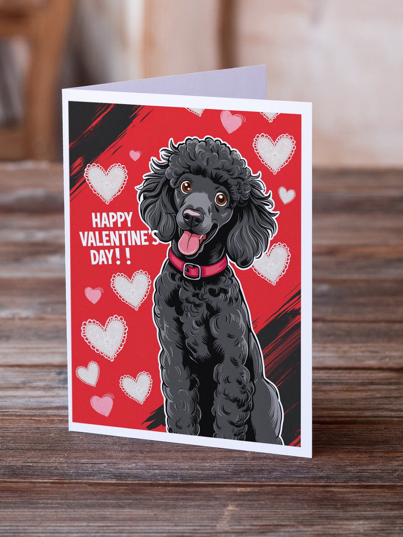 Black Standard Poodle Happy Valentine's Day Greeting Cards - Blank Note Cards – 8-Pack of Artist-Designed Cards with Envelopes