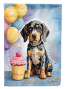 Bluetick Coonhound Happy Birthday Garden Flag –Dog Birthday Cupcake Yard Decor with Balloons