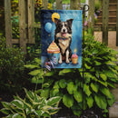Border Collie Happy Birthday Garden Flag –Dog Birthday Cupcake Yard Decor with Balloons