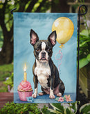 Boston Terrier Happy Birthday Garden Flag –Dog Birthday Cupcake Yard Decor with Balloons