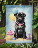 Black Pug Happy Birthday Garden Flag –Dog Birthday Cupcake Yard Decor with Balloons
