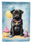 Black Pug Happy Birthday Garden Flag –Dog Birthday Cupcake Yard Decor with Balloons