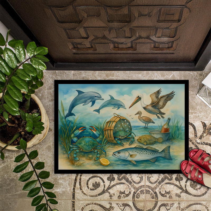 Along the coast - Crab Pelican Dolphins Doormat-24x36 Indoor / Outdoor Rug | Made in USA