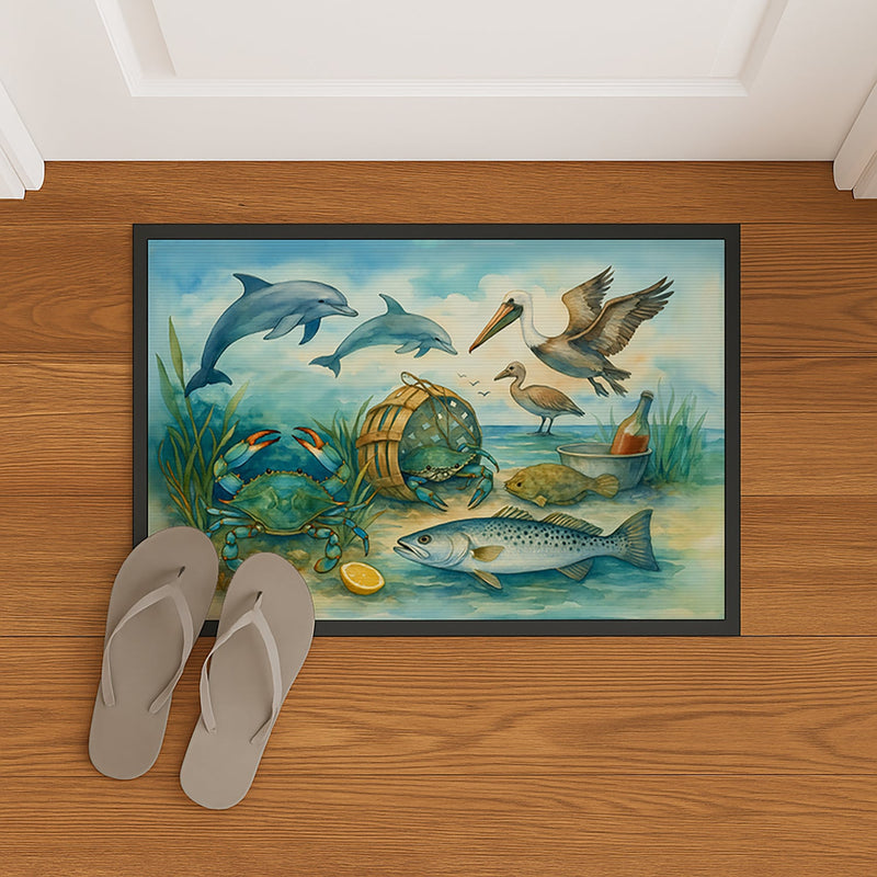 Along the coast - Crab Pelican Dolphins Doormat-24x36 Indoor / Outdoor Rug | Made in USA