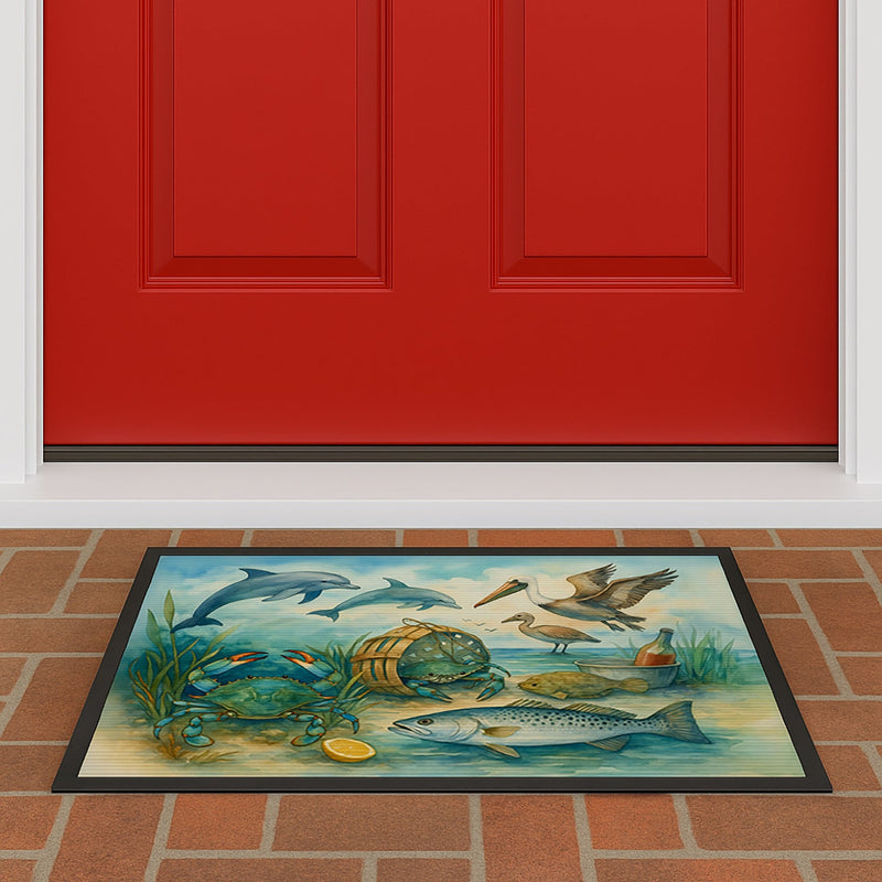 Along the coast - Crab Pelican Dolphins Doormat-24x36 Indoor / Outdoor Rug | Made in USA
