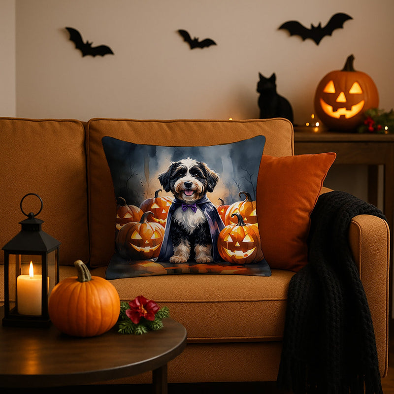 Bernedoodle Puppy Halloween Throw Pillow