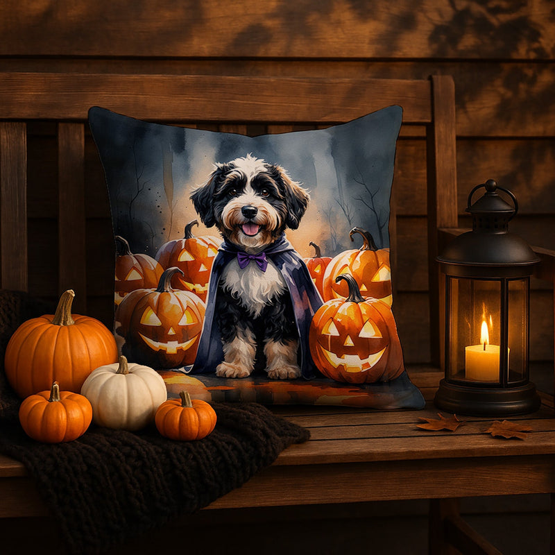 Bernedoodle Puppy Halloween Throw Pillow