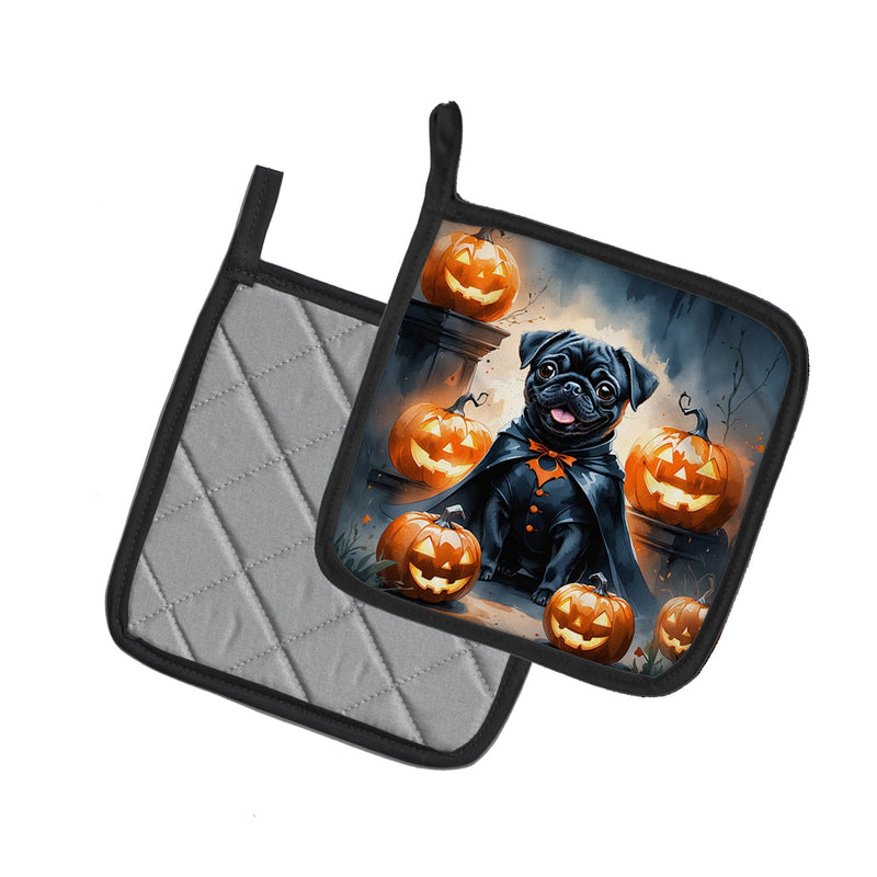 Black Pug Puppy Halloween Pair of Pot Holders