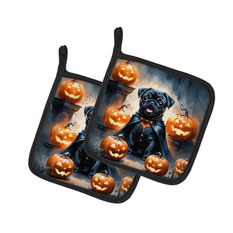Black Pug Puppy Halloween Pair of Pot Holders