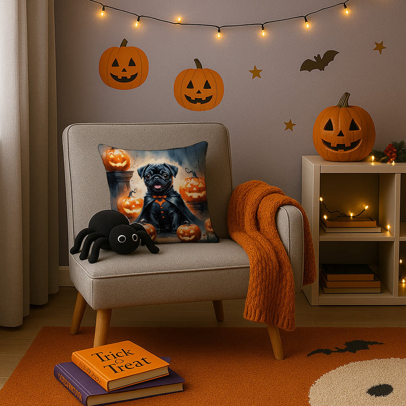 Black Pug Puppy Halloween Throw Pillow
