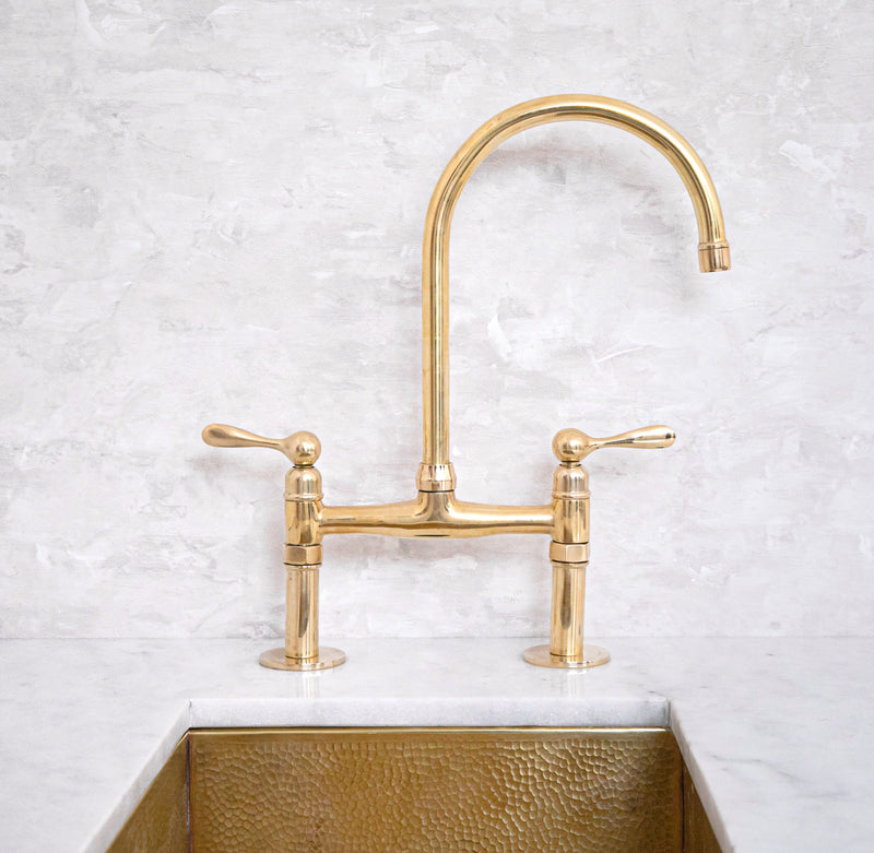 Elegant Unlacquered Brass Bridge-Style Kitchen Faucet - BRASSMA