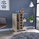 32" H light oak bar-coffee cart, cabinet storage, with 4 wheels, 1 divided storage with 1 shelf, 1 folding door, a central vertical division for 6 bottles and 2 side shelves with aluminum front