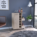 32" H light oak bar-coffee cart, cabinet storage, with 4 wheels, 1 divided storage with 1 shelf, 1 folding door, a central vertical division for 6 bottles and 2 side shelves with aluminum front